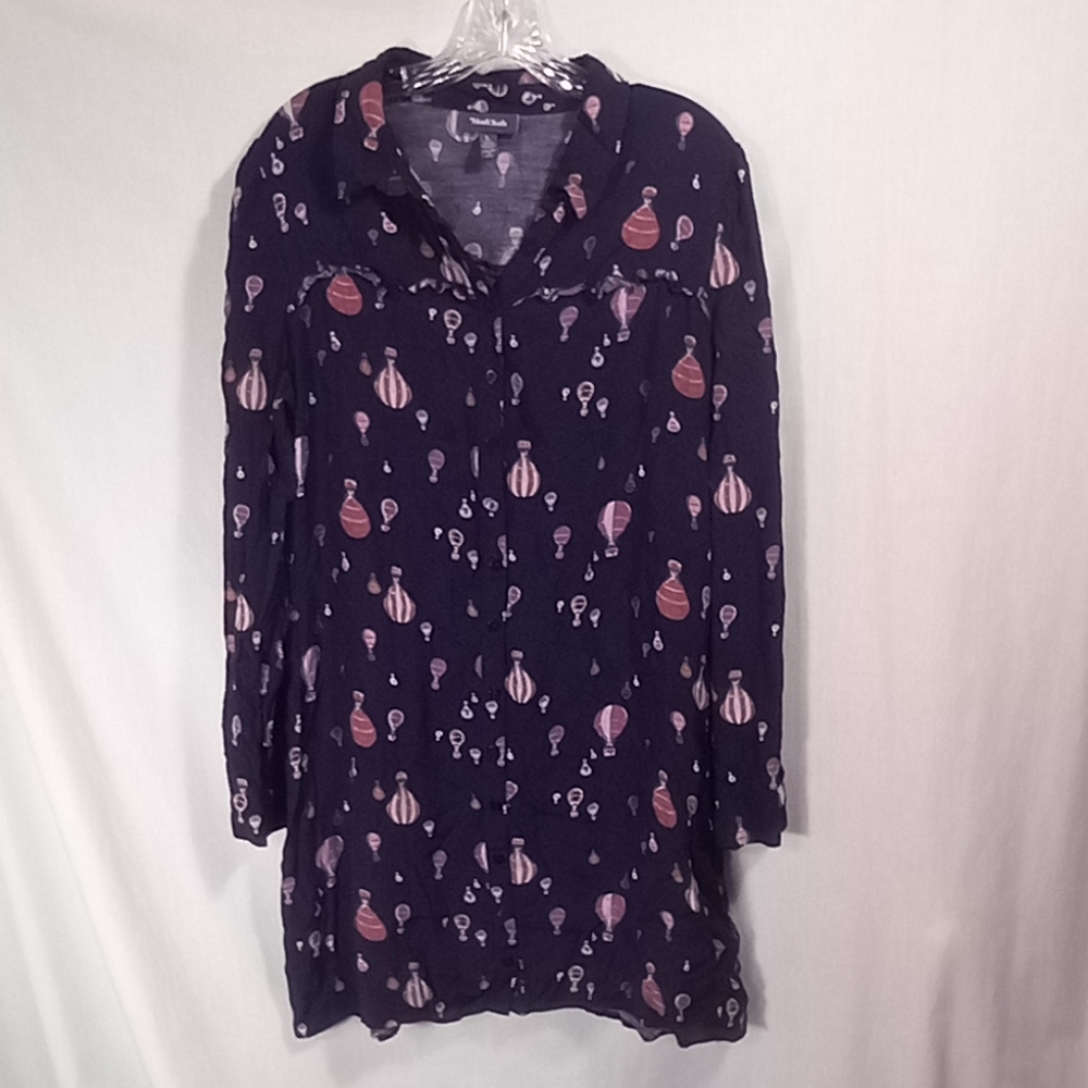 Modcloth Navy Hot Air Balloon Print Button Front Long Sleeve Dress Size L